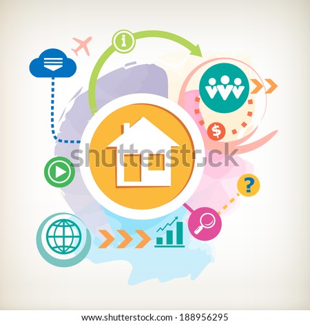 House and cloud on abstract colorful watercolor background with different icon and elements. Flat design for the print, advertising, banner.