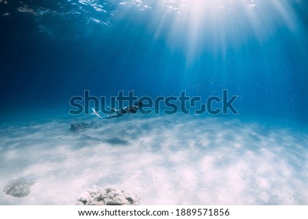 Freediver girl with white fins glides underwater in blue ocean. Royalty-Free Stock Photo #1889571856