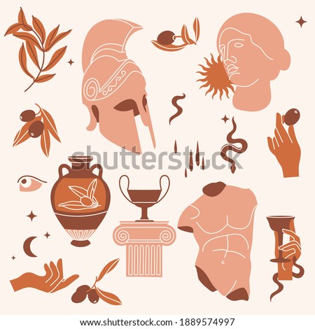 Vector illustration of bundle antique signs and symbols - statues, olive branch, amphora, column, helmet. Ancient greek or roman style elements. Seamless pattern Royalty-Free Stock Photo #1889574997