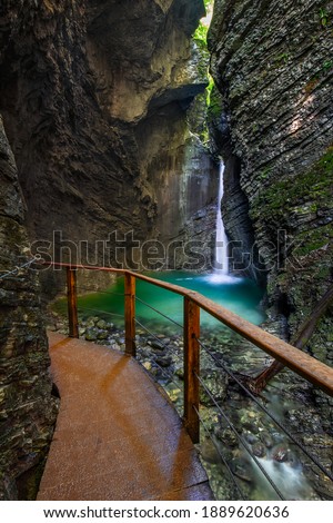 Soca Valley, Slovenia - Kozjak Waterfall (Slap Kozjak) is one of the most beautiful waterfalls in Slovenia located near the town of Kobarid in Triglav National Park, Julian Alps, Europe Royalty-Free Stock Photo #1889620636