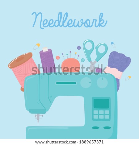 sewing machine spools of thread scissors pins and wool ball vector illustration vector illustration