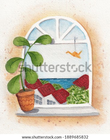 A view from a window with a plant, paper crane, the sea and houses outside. Watercolor illustration