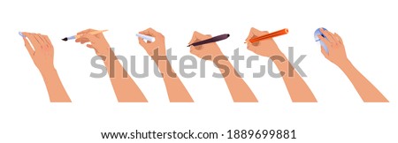Vector set of hands with brush, pencil and chalk isolated on white background. Royalty-Free Stock Photo #1889699881