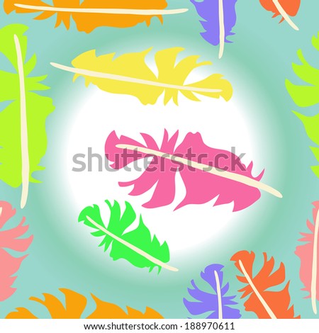 Colorful feathers on light gradient background. Seamless pattern.