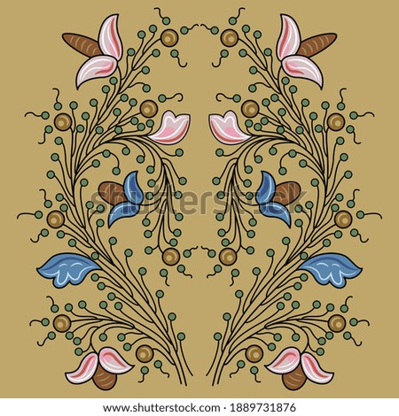 Symmetrical floral ornament with beautiful blooming vines. Stylized branches. Folk style.