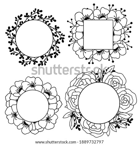 Vector illustration, floral frame in black, template for postcards, isolate on a white background