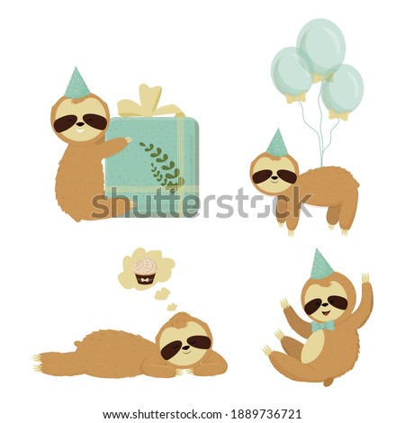 Set cute sloth characters, birthday, greeting concept. Bright and colourful bear isolated on white background with funny hat, bow, present and balloons. Clipart in cartoon style.