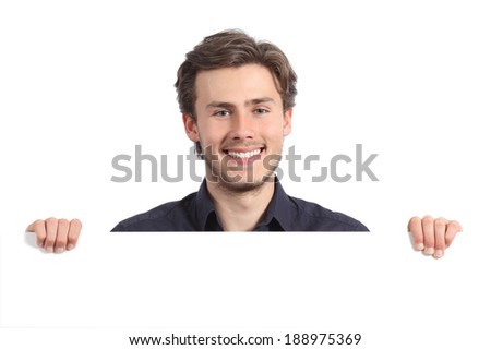 Happy man holding a blank banner isolated on a white background          