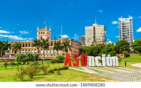 The welcome sign and Palace of the Lopez in Asuncion, Paraguay Royalty-Free Stock Photo #1889808280