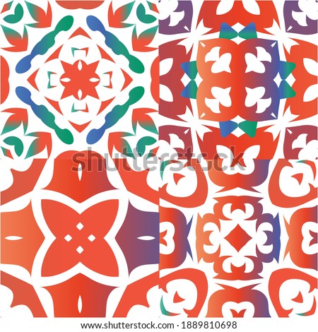 Mexican ornamental talavera ceramic. Set of vector seamless patterns. Hand drawn design. Red vintage backdrops for wallpaper, web background, towels, print, surface texture, pillows.