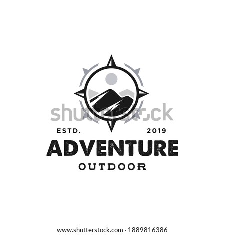 hipster badge adventure outdoor logo with Compass and mountain  design concept. Universal compass logo. Modern vintage retro concept