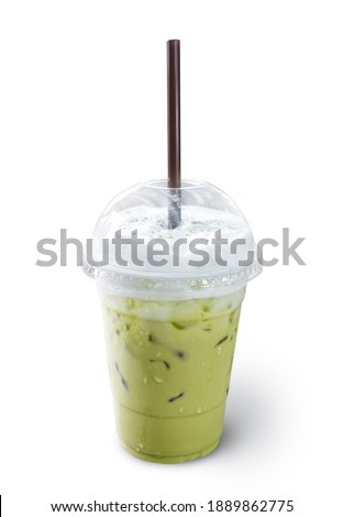 Iced mocha or matcha green tea latte in takeaway cup isolated on white background.