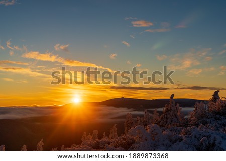 Fantastic morning sunrise landscape glowing by sunlight. Dramatic wintry scene. Natural park. Jeseniky czech, Europe. Beauty world.