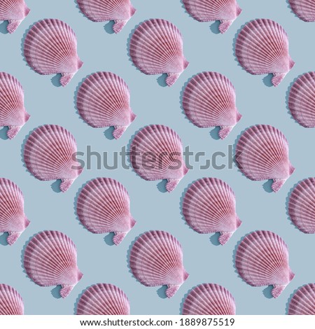 Pink sea shell seamless pattern with hard shadow on light blue background. Summer season and sea vacation concept. Nature background 