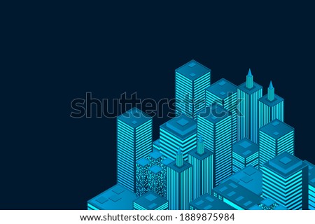 Isometric futuristic town with skyscrapers. Smart city technology for business and life. Intelligent buildings. Business center with skyscrapers. Smart city isometric illustration Royalty-Free Stock Photo #1889875984