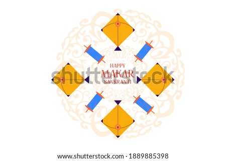 illustration of Happy makar sankranti Holiday Harvest Festival of Andhra Pradesh telangana greeting colorful background with beautiful rangoli design, colorful kites and manja.