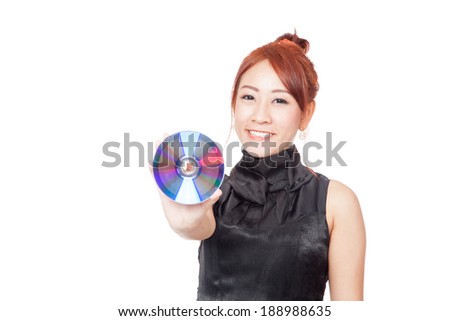 Asian girl show a DVD disc and smile
