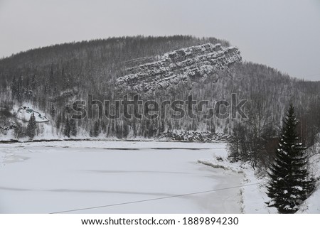 A rock overgrown with forest and a frozen river