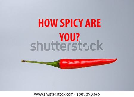 A levitation picture of the hottest small chilli pepper with the word how spicy are you on gray background.