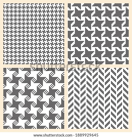 Set of 4 Christmas and New Year black and white seamless patterns from circles, snowflakes, stars and fir tree halftone silhouette. Chicken feet pied-de-poule pattern background. Scarf, kerchief, text