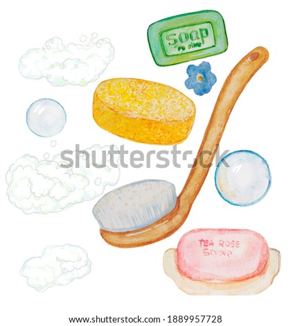 Watercolor shower clip art set, bubbles, sponge, massage brush, drawn soap bubbles, olive, and rose soap 