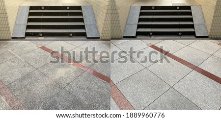 Before and after, cleaning on an old external natural granite floor Royalty-Free Stock Photo #1889960776
