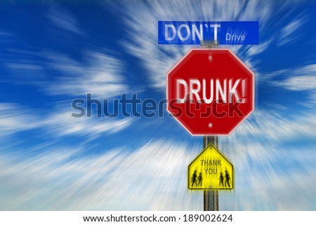 Traffic signs against a cloudy blue sky with the words Don't Drive Drunk, Thank You written on them.  Image is blurred to imply motion and blurred vision due to intoxication.    