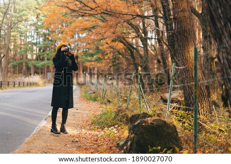 Young Asian woman traveller taking picture of autumn foliage in autumn season, Tokyo, Japan, Asia