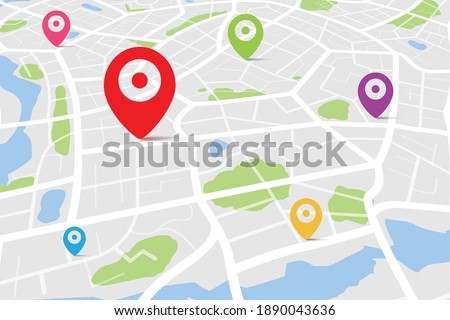 3D top view of a map with destination location point, Aerial clean top view of the day time city map with street and river, Blank urban imagination map, GPS map navigator concept, vector illustration Royalty-Free Stock Photo #1890043636