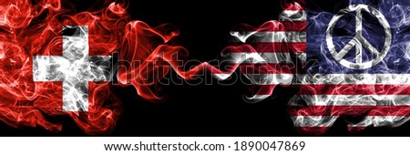 Switzerland, Swiss vs United States of America, America, US, USA, American, Peace smoky mystic flags placed side by side. Thick colored silky abstract smoke flags.