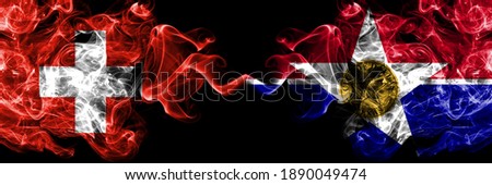Switzerland, Swiss vs United States of America, America, US, USA, American, Dallas, Illinois smoky mystic flags placed side by side. Thick colored silky abstract smoke flags.