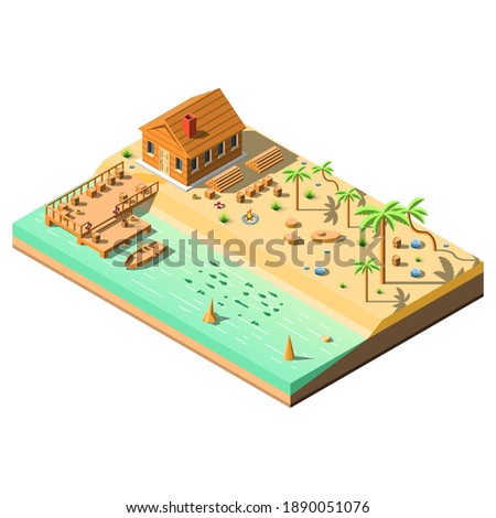 Abstract Isometric 3D River Fisherman's House Boat Trees Palm Vector Design Style