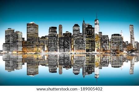 night view of Manhattan with reflections, New York 