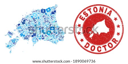 Vector collage Estonia map with healthcare icons, receipt symbols, and grunge healthcare rubber imitation. Red round watermark with grunge rubber texture and Estonia map word and map.