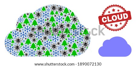 Winter viral mosaic cloud, and grunge Cloud red rosette stamp print. Mosaic cloud is made with viral, fir-tree, and snow items. Red Cloud stamp seal uses rosette form.