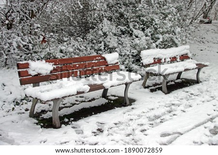 Two snow-covered benches during cold German winter. Landscape and nature with snow and ice. Rest area inside city park.