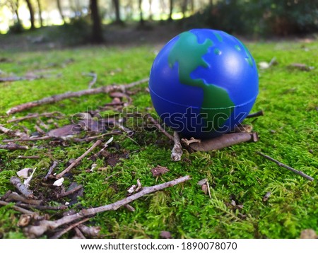 Model of the Earth on the mossy ground in forrest. Showing equator line, South America, USA and Canada, Pacific ocean and Atlantic ocean. Anti stress ball. Ecology. Geography.