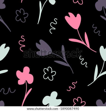 Simple vector seamless pattern. Pink, blue, purple flowers on a black background. For fabrics, textiles, clothing, stationery.