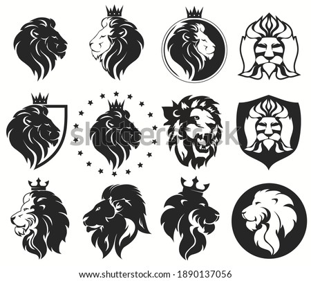 Lion head with crown set, royal cat. Golden luxury emblem. Vector