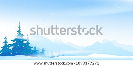 Snow blizzard in winter mountain with spruce forest, spruce forest trees inclined from snowstorm, winter nature landscape panorama with spruce-trees near the snowy mountains Royalty-Free Stock Photo #1890177271