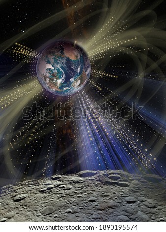 Futuristic shining light around the planet Earth from the surface of the Moon. Sci fi collage, elements of this image furnished by NASA. Royalty-Free Stock Photo #1890195574