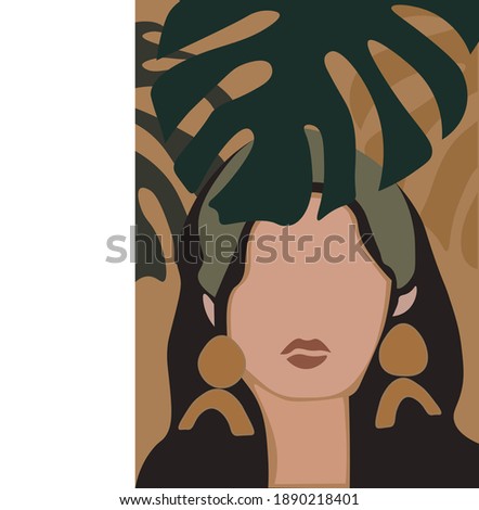 
fashionable girl with earrings. tropical leaves background