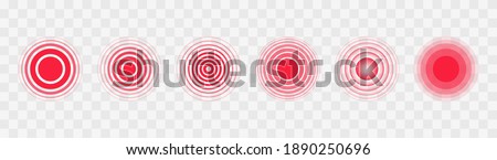 Pain red circles. Pain localization sign and pain pointings. Red rings. Sonar waves. Set of radar icons. Symbols for medical design. Vector illustration. Royalty-Free Stock Photo #1890250696