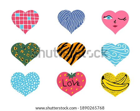 Set of wild heart with animal, fruit and nature pattern (leopard, tiger, strawberry, face) in modern cute style.