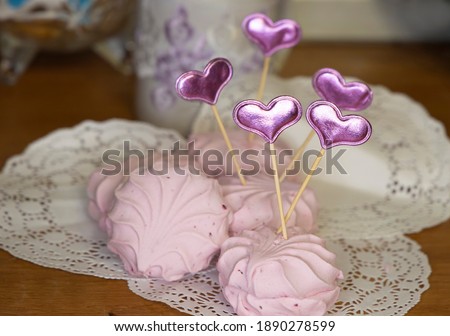 Holiday card Valentine's Day pink marshmallow lilac hearts