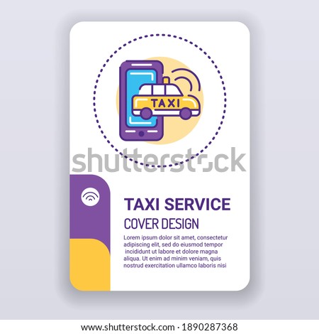 Taxi service brochure template. Advertising cover design. Print design with linear illustration cartoon character on a white background