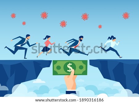 Vector of a helping hand with dollar bill bridging economy gap during coronavirus pandemic, assisting business people to overcome financial difficulties  Royalty-Free Stock Photo #1890316186