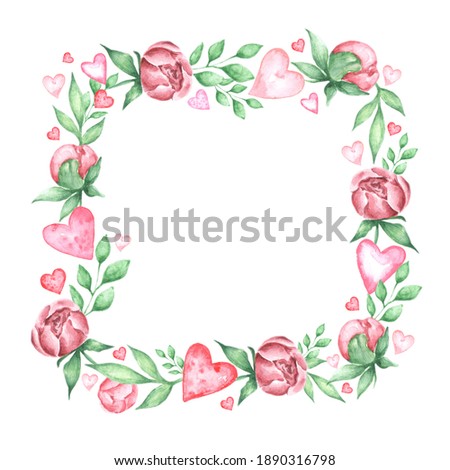 Watercolor frame Valentine. Watercolor illustration. Valentines Day, Wedding day. Different hearts, flowers, leaves. Pink and green colors. For printing invitations, postcards, flyers, stickers