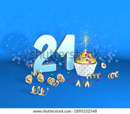Cupcake with sparkling candle for birthday or anniversary 21 with the big number in white with yellow streamers on the blue background. 3d illustration