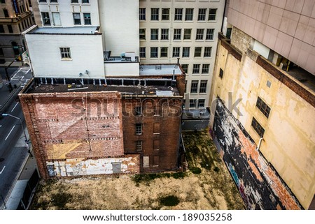 View of an abandoned building from a parking garage in Baltimore, Maryland.